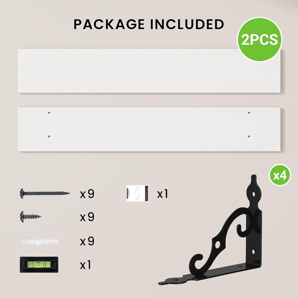 RICHFOCUS Floating Shelves for Wall Decor, 47.3W x 8D Wall Shelves Set of 2, 8 Inch Deep Rustic Wood Shelves Wall Mounted with Brackets, Long Floating Shelves for Living Room Bedroom Kitchen, White