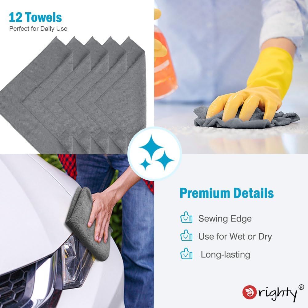 Orighty Microfiber Cleaning Cloth, 12 Pack Microfiber Towels for Cars, Highly Absorbent Car Cleaning Supplies, Lint Free Cloths Clean Rags for Car Care, House, Kitchen, 12x12 inch, Grey