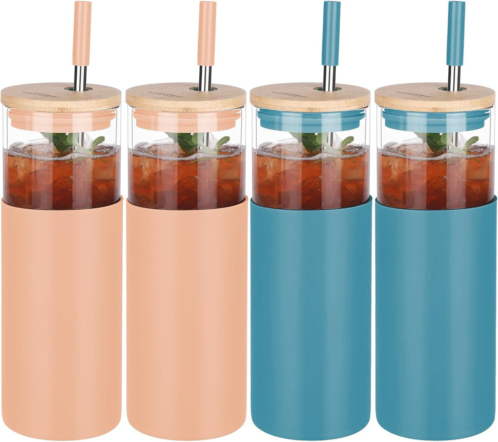 Glass Tumbler w/Lids & Straw - 24oz Reusable Mug w/Bamboo Lid & Stainless Steel Straw - BPA-Free, Leak-Proof, Dishwasher Safe for Coffee, Smoothies, Hot Beverages, Travel, Office, Home Use，4-PK