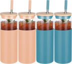 Glass Tumbler w/Lids & Straw - 24oz Reusable Mug w/Bamboo Lid & Stainless Steel Straw - BPA-Free, Leak-Proof, Dishwasher Safe for Coffee, Smoothies, Hot Beverages, Travel, Office, Home Use，4-PK