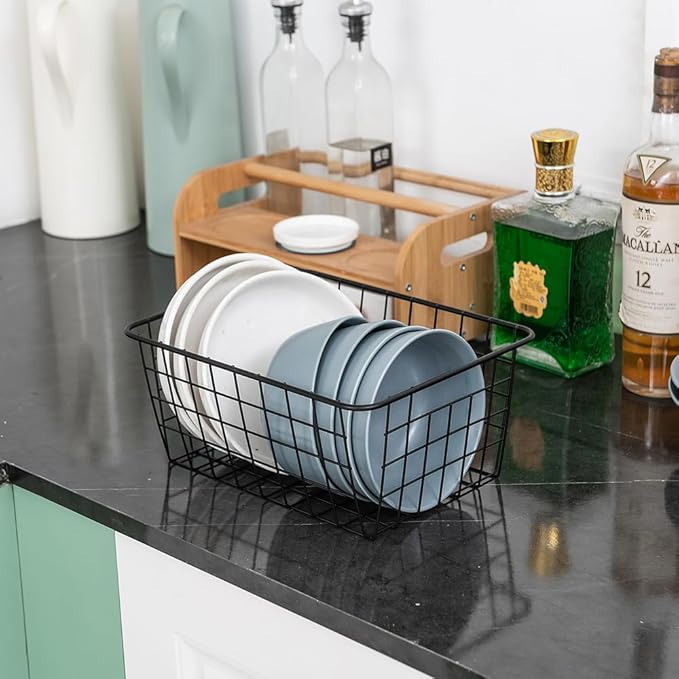 Wire Kitchen Storage Basket 4 Packs,Perfect Pantry Organization Accessories Basket,Laundry Baskets,Countertop Organization,Suitable for Kitchen,Bathroom,Bedroom,Tabletop,Stackable,Black