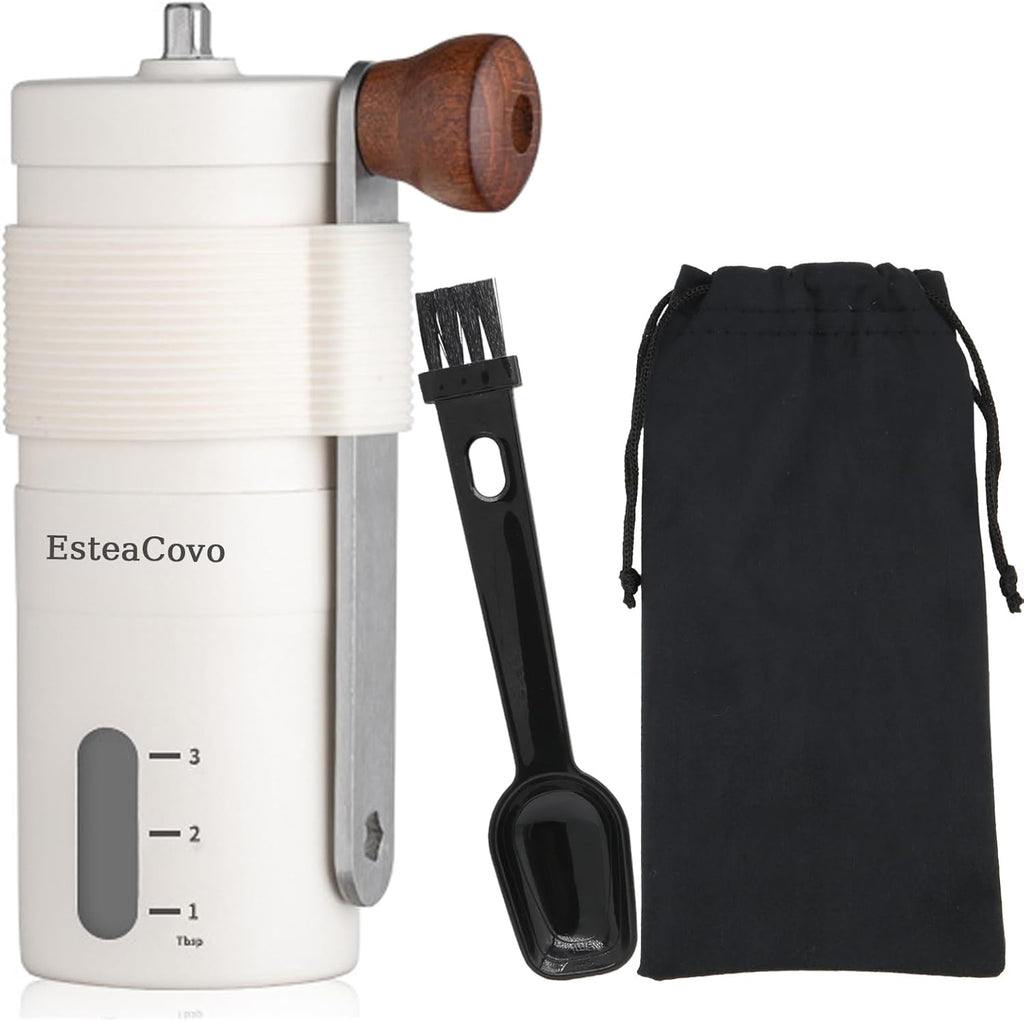 Mini Manual Coffee Bean Grinder for Travel Camping, Hand Held Espresso Burr Ceramic Coarseness White 304 Stainless Steel Small Mill Kit for Home Use with Portable Storage Pouch Brush Spoon