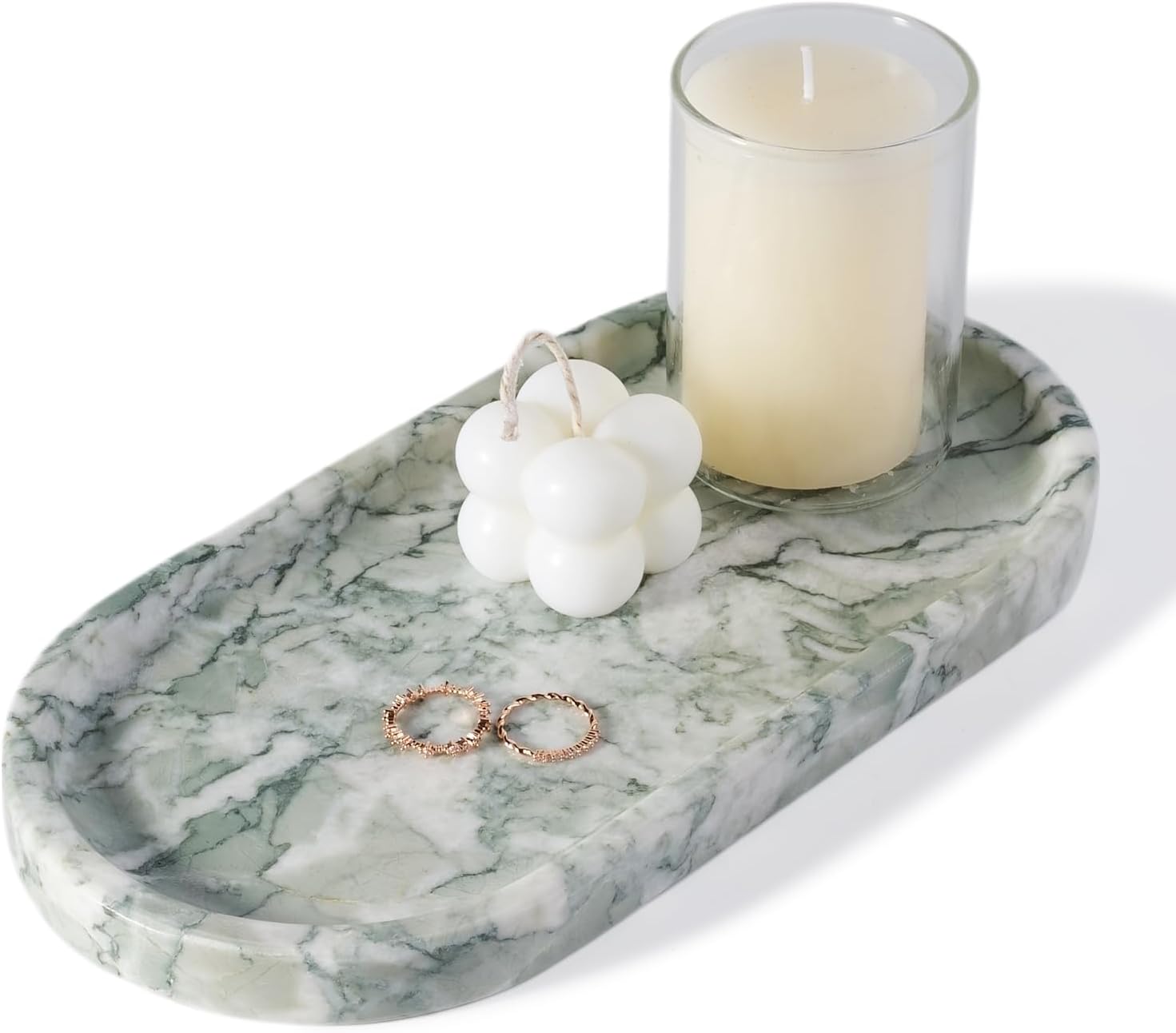 Koville Marble Bathroom Tray for Countertop, Vanity Tray Stone Trays for Decor, Natural Marble Decorative Tray for Dresser Organizer, Storage Trays for Perfume, Jewelry, Cosmetics(Retro Light Green)