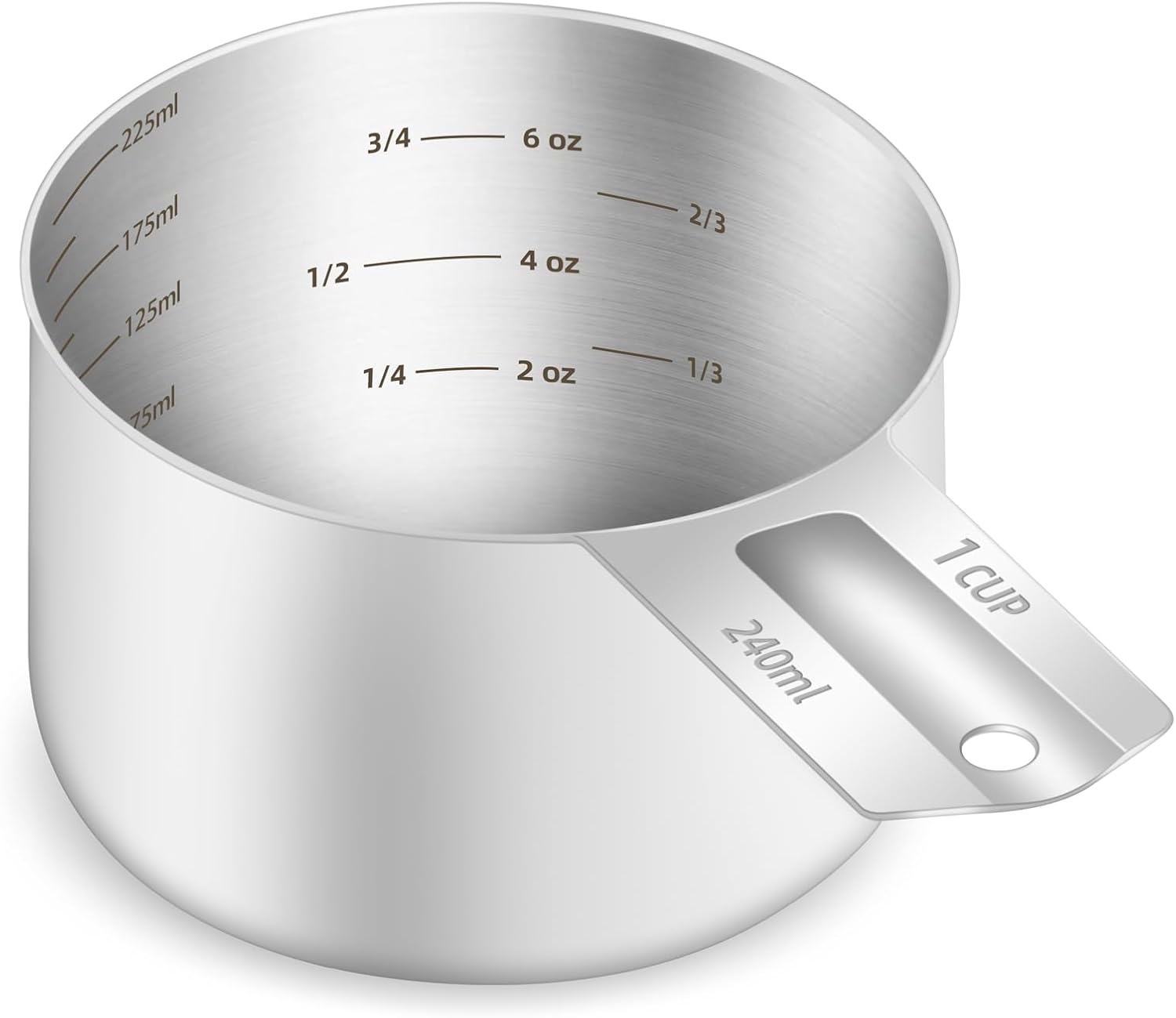 1PCS 1Cup (240ml, 8oz) Single Measuring Cup, Etched Inner Scale Stainless Steel Measure Scoop, Metric and US Measurement, Dishwasher Safe