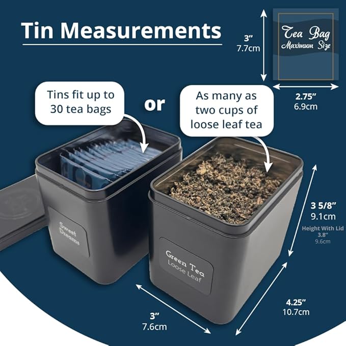 AllSpice Tea Organizer Rack with 9 Tins & 160 Magnetic Labels – Perfect for Bagged & Loose Leaf Tea Organization - Black