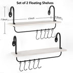 Olakee Floating Wall Shelves for Kitchen Bathroom Coffee Nook with 10 Adjustable Hooks for Mugs Cooking Utensils or Towel Rustic Storage Shelves Set of 2/17x5.9 inch (White)