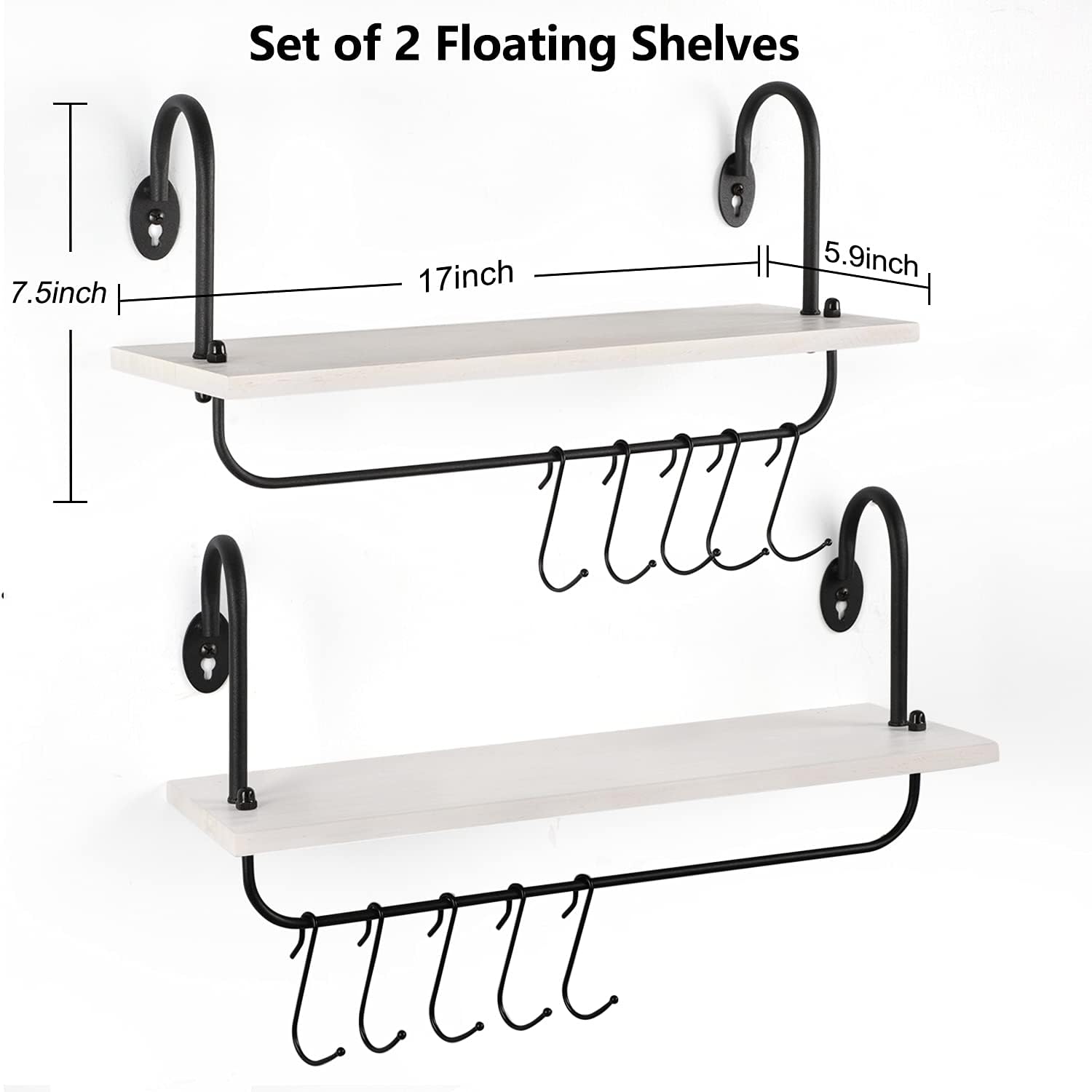 Olakee Floating Wall Shelves for Kitchen Bathroom Coffee Nook with 10 Adjustable Hooks for Mugs Cooking Utensils or Towel Rustic Storage Shelves Set of 2/17x5.9 inch (White)