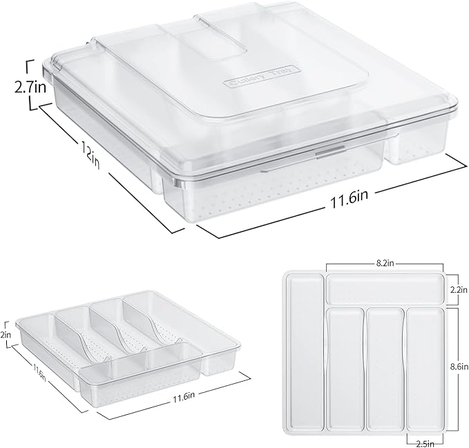 Silverware Tray with Lid, Utensil Drawer Organizer for Kitchen Countertop Plastic Flatware Organizers and Storage holder 5 Compartments