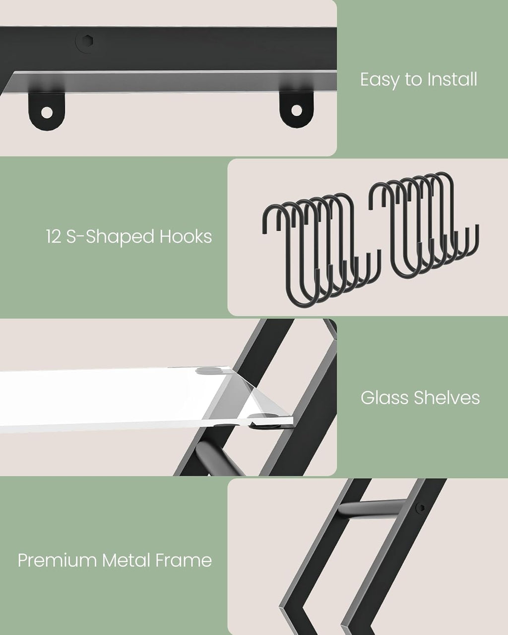 Hexagon Floating Shelves Set of 2, Glass Hanging Shelves for Wall Decor, Industrial Style Wall Storage Rack and 12 S-Hooks, for Living Room, Bedroom, Office, Game Center, Black TBJ08BB