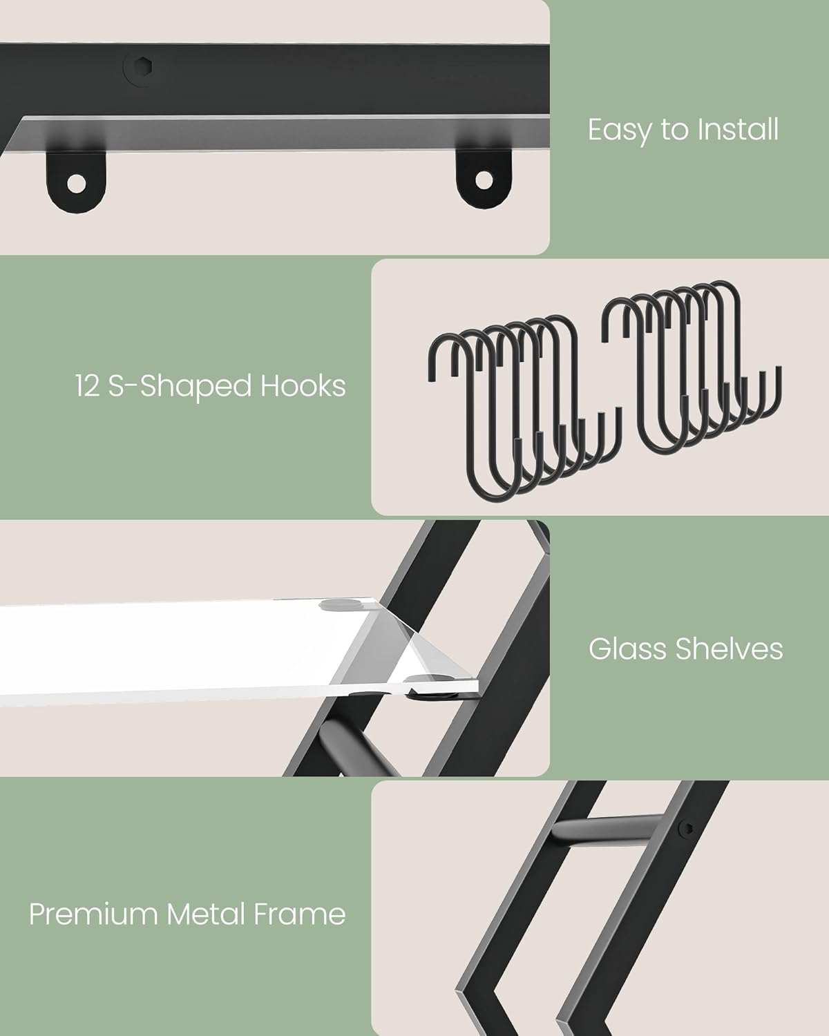 Hexagon Floating Shelves Set of 2, Glass Hanging Shelves for Wall Decor, Industrial Style Wall Storage Rack and 12 S-Hooks, for Living Room, Bedroom, Office, Game Center, Black TBJ08BB