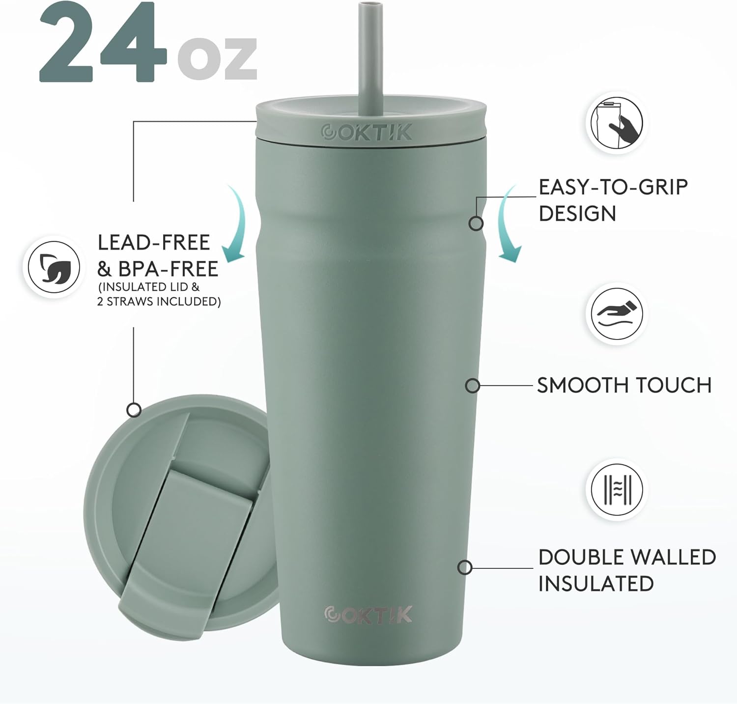 COKTIK 24oz Insulated Tumbler with Lid and Straw 2 Lids (Straw/Flip) Iced Coffee Cup Reusable Stainless Steel Travel Mug Water Bottle Cupholder Friendly for Women Men Her Him (Bay Leaf)