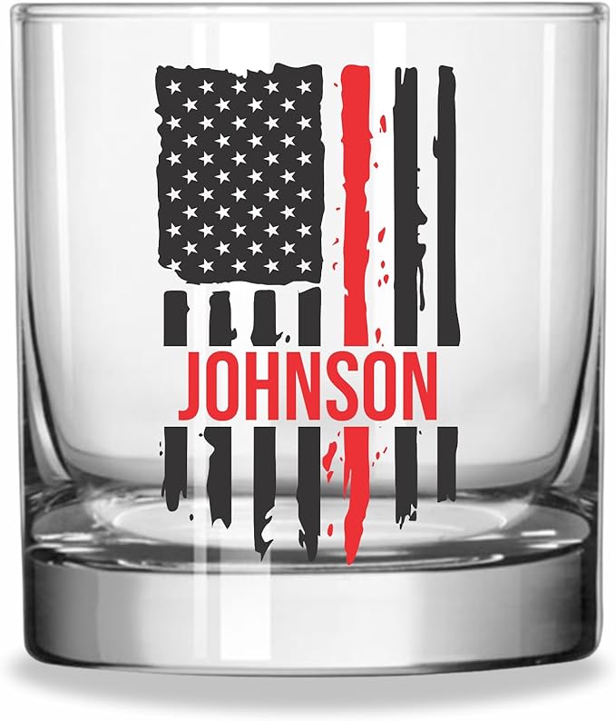 Blue Ridge Mountain Gifts - Thin Red Line Whiskey Glass - Personalized Firefighter Glass, Fireman Flag & Appreciation, Back the Red, Fire Academy Gift, Personalized Father's Day Gift First Responders