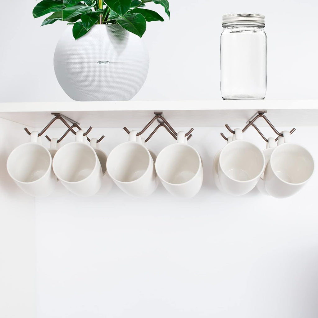 Cabinet Hook Mug Holder - Hanging Coffee Cup Rack for Kitchen, Under Cabinets Metal Hangers Organizer Shelf Storage Utensil (Brown)