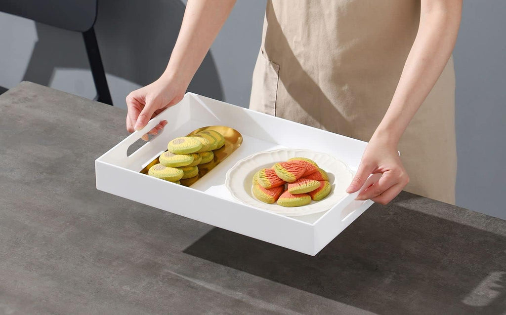Glossy White Sturdy Acrylic Serving Tray with Handles-10x15Inch-Serving Coffee,Appetizer,Breakfast,Butler-Kitchen Countertop Tray-Makeup Drawer Organizer-Vanity Table,Ottoman Tray-Decorative