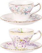 KAMMAK Tea Cups and Saucers Set of 2, Reinforced Porcelain Coffee Cups, 7.4-Ounce Stackable Espresso Mugs, Ceramic Demitasse for Coffee, Cappuccino, Latte, Americano, Tea, Lilac + Colorful