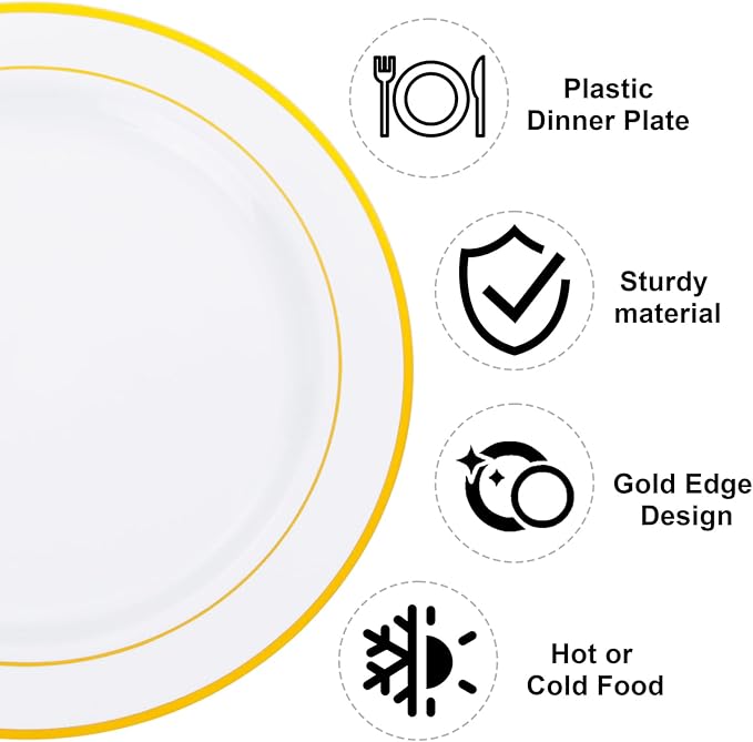 WELLIFE 72PCS Gold Plastic Plate, 10.25Inch Disposable Dinner Plate Party with Gold Rim, Heavy Duty Disposable Plastic Plates for Party, Wedding, Birthday and Christmas