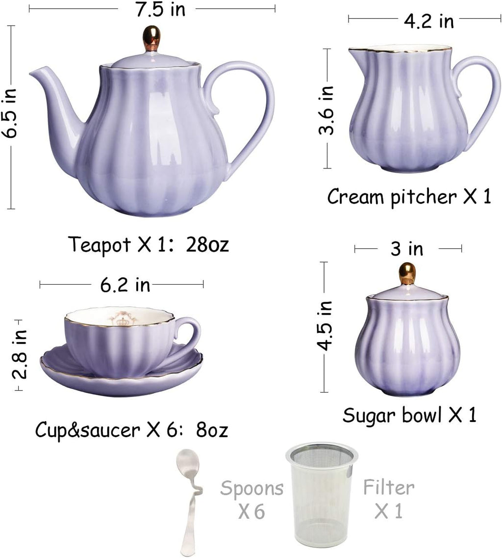 Porcelain Tea Sets British Royal Series, 8 OZ Cups& Saucer Service for 6, with Teapot Sugar Bowl Cream Pitcher Teaspoons and tea strainer for Tea/Coffee, Pukka Home(purple)