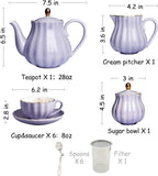 Porcelain Tea Sets British Royal Series, 8 OZ Cups& Saucer Service for 6, with Teapot Sugar Bowl Cream Pitcher Teaspoons and tea strainer for Tea/Coffee, Pukka Home(purple)