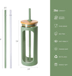 Kodrine 20oz Glass Tumbler with Straw and Lid, Iced Coffee Cups with Bamboo Lids, Glass Cups for Cold Drinks, Smoothie Cup with Silicone Sleeve for Travel, Work, BPA FREE-Olive