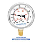 MEASUREMAN 2-1/2" Dial Size, Glycerin Filled Pressure Gauge, 30inHG-60psi, 304 Stainless Steel Case, 1/4" NPT Lower Mount