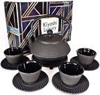 Large 11PC Japanese Tea Set "Gashu Black" Cast Iron Tea Pot 26Oz with 4 Tea Cups (2Oz each), 4 Saucers, Loose Leaf Tea Infuser and Trivet Ceremonial Matcha Accessories