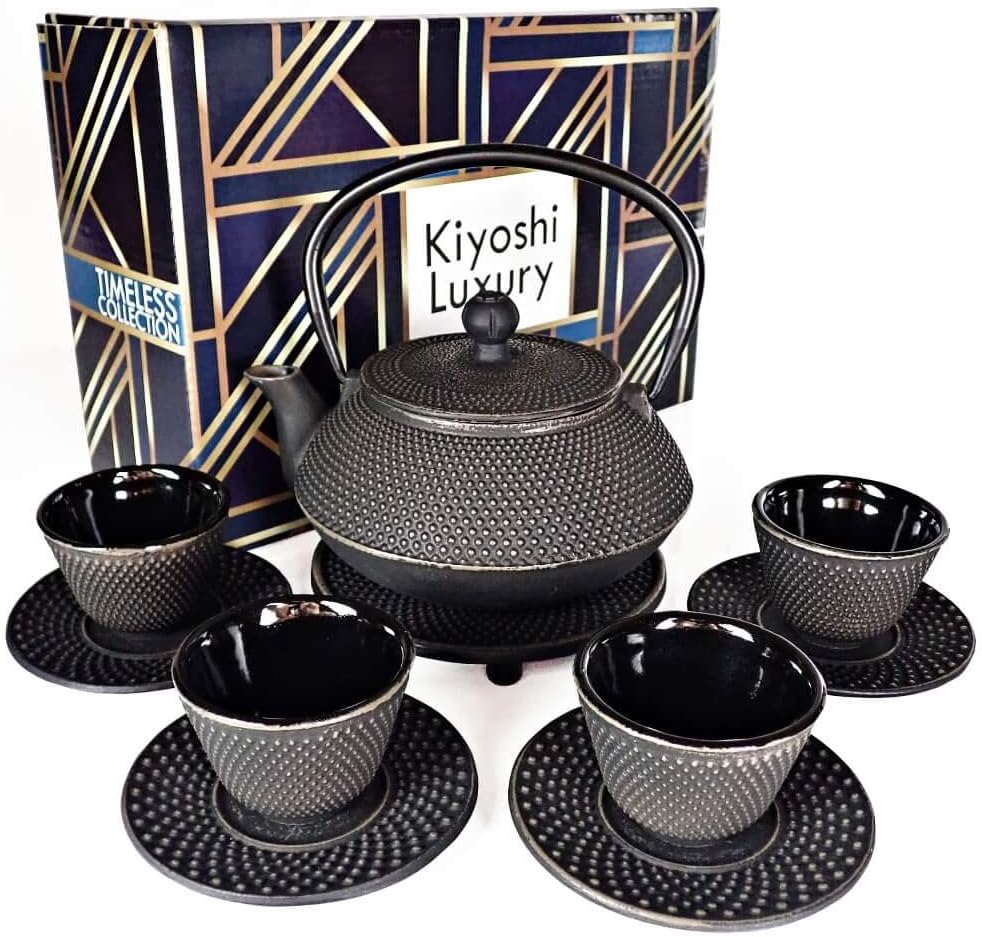 Large 11PC Japanese Tea Set "Gashu Black" Cast Iron Tea Pot 26Oz with 4 Tea Cups (2Oz each), 4 Saucers, Loose Leaf Tea Infuser and Trivet Ceremonial Matcha Accessories