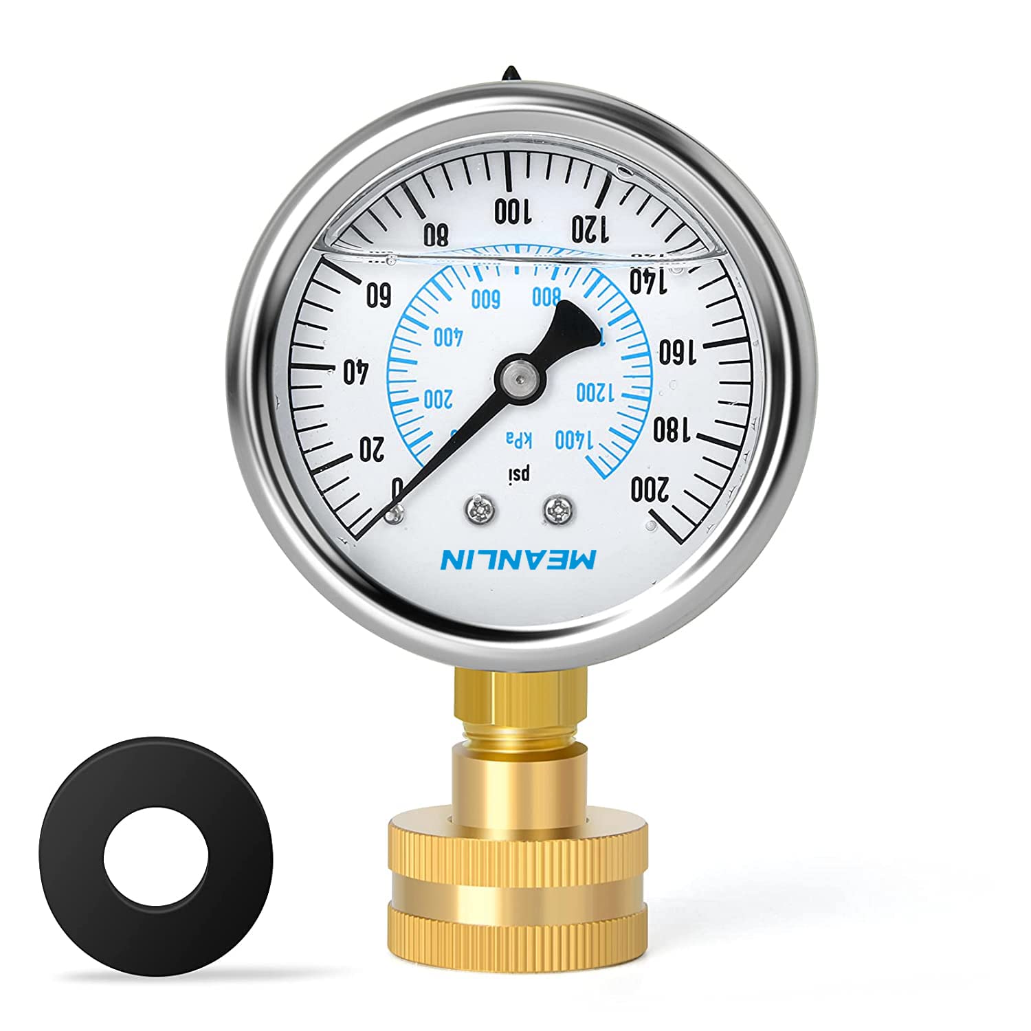 MEANLIN MEASURE 0~200Psi Stainless Steel Frame 3/4" Female 2.5" FACE DIAL Liquid Filled Pressure Gauge WOG Water Oil Air Water Pressure Test Table with Sealing Ring