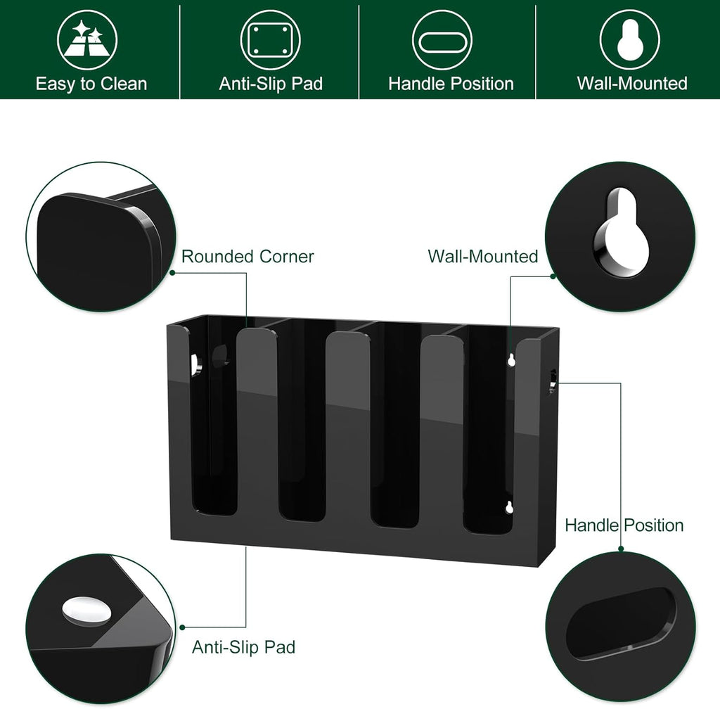 Disposable Coffee Cup Dispenser with Handles, Countertop or Wall Mount Hot/Cold Drink Cup and Lid Holder - Bathroom/Kitchen/Office Acrylic Cup Lid Storage Organizer (4 Compartments, Black)