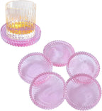 Glass Coaster 6 Pack Round Cup Coasters for Drinks,Crystal Coffee Coaster,Stylish Drink Coasters for Kitchen Bar Dining Room Living Room Office Decor and Jewelry Storage,Pink