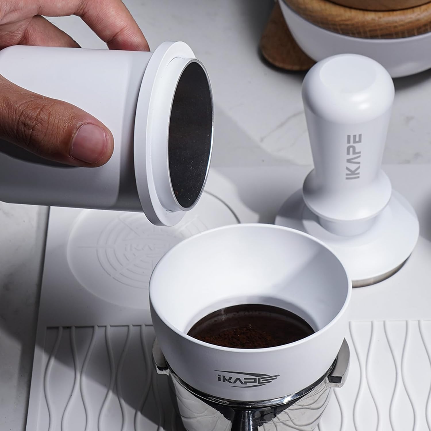 IKAPE 53.3mm Espresso Tamper, Premium Barista Coffee Tamper with Calibrated Spring Loaded, 100% Flat Stainless Steel Base Tamper Fits for Breville Series 54mm Portafilter Basket(White)