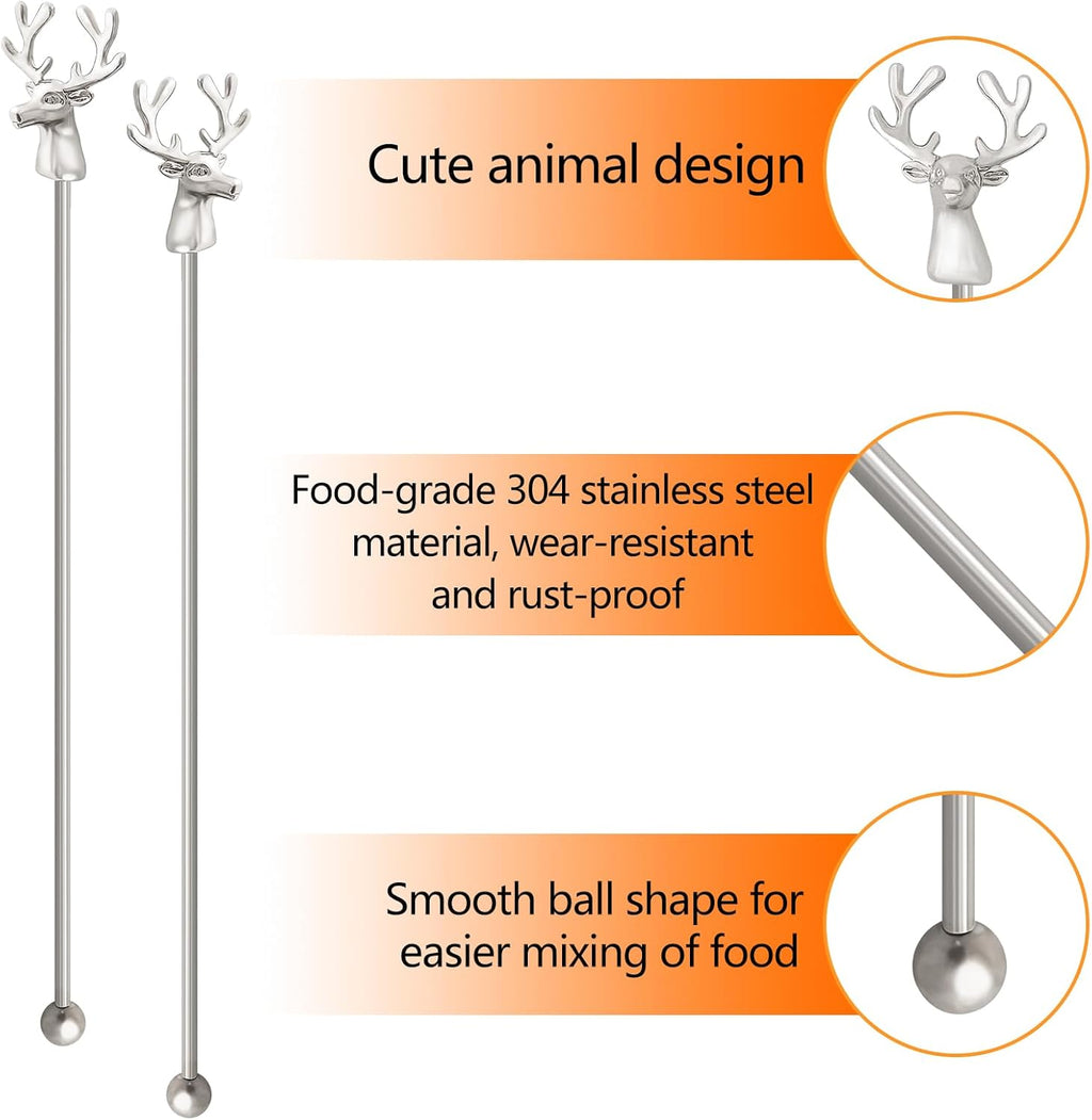 Swizzle Sticks,5 Pcs Stainless Steel Reusable Deer Head Shape Cocktail Stirrer Coffee Beverage Stir Sticks for Cocktail, Whiskey, Hot Cocoa, Creamer (Silver)