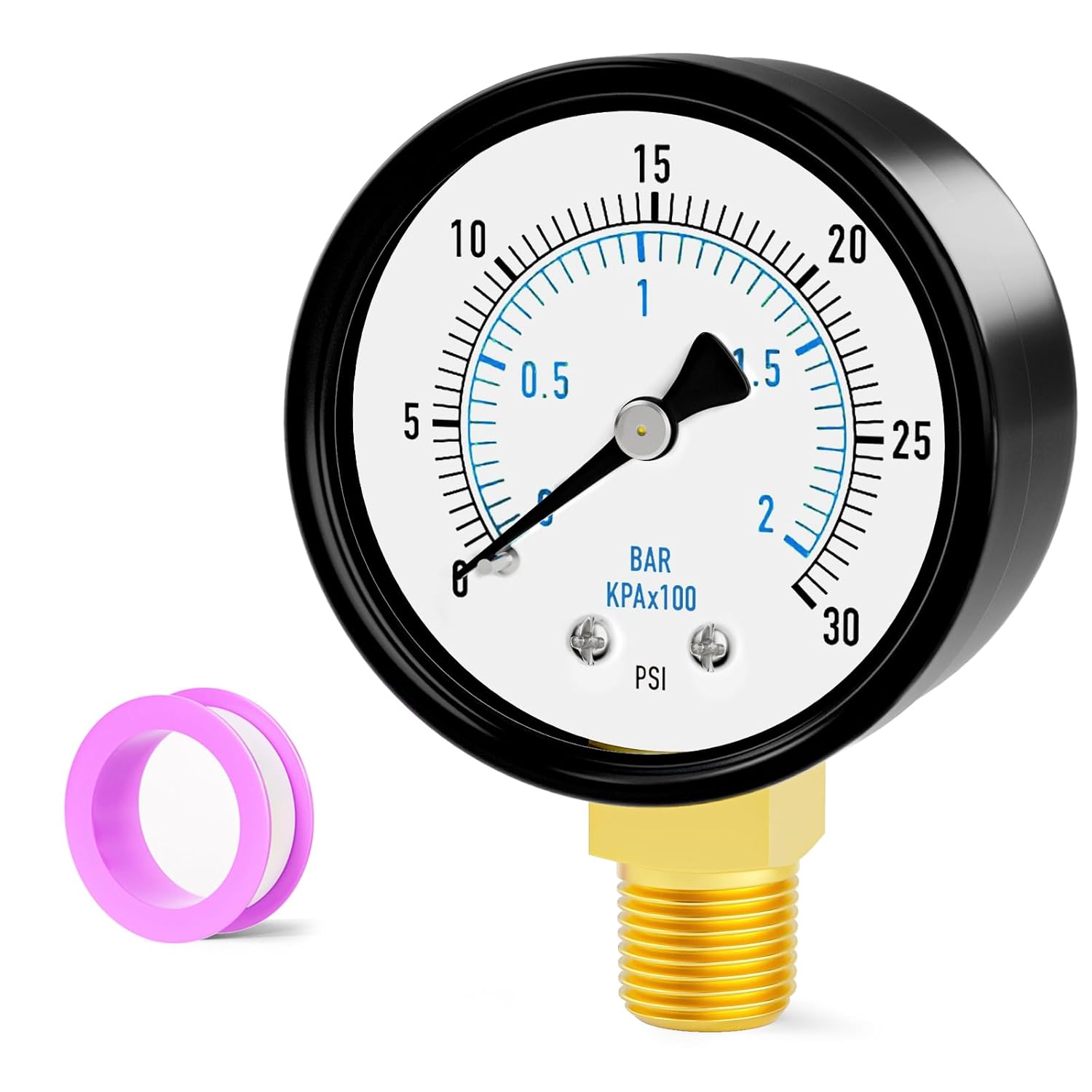 0-30PSI Well Pump Pressure Gauge 2" Dial Size, 1/4" NPT Lower Mount, 3-2-3% Accuracy, for Tube, Water Pump, Gas, Liquid, Pressure Test