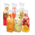 GUSTO [50 oz - 6 Pack] Plastic Carafe with Lid, Large Capacity Square Base - Clear Pitcher with Flip Top Lid, Easy-Pour Spout Juice Containers with Lids - Perfect for Mimosa Bar, Water, and Cold brew
