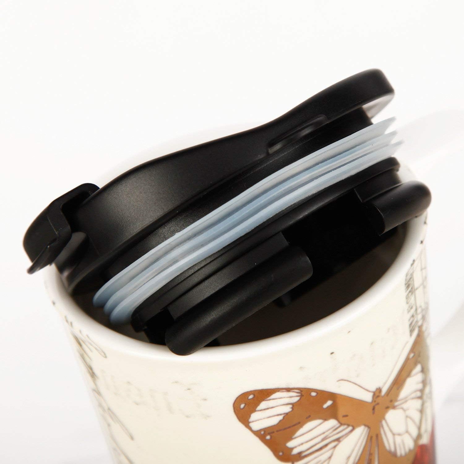 Topadorn 17 OZ Ceramic Coffee Mug Travel Cup with Lid and Gift Box, Red Flower and Butterfly