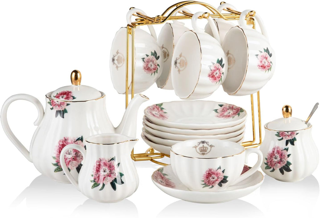 Porcelain Tea Sets British Royal Series, 8 OZ Cups & Saucer Service for 6, with Teapot Sugar Bowl Cream Pitcher Teaspoons and Tea Strainer, Suitable for High Tea, Wedding, Party