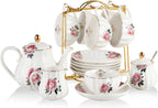 Porcelain Tea Sets British Royal Series, 8 OZ Cups & Saucer Service for 6, with Teapot Sugar Bowl Cream Pitcher Teaspoons and Tea Strainer, Suitable for High Tea, Wedding, Party