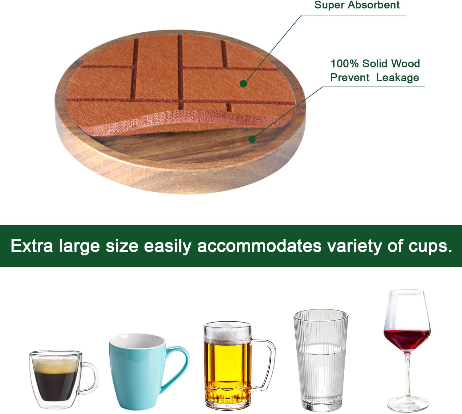 Coasters for Drinks Absorbent 5 Pack, Wood & Felt, Non-Slip, Non-Stick, Brown, Round, 4.3 Inch