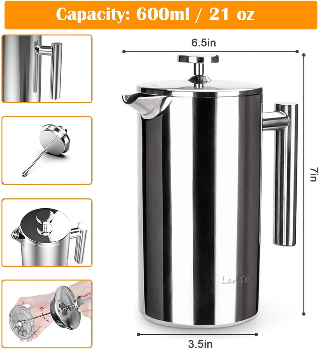 French Press, 600ml Double Insulated 304 Stainless Steel Coffee Tea Maker 4 Level Filtration System, No Coffee Grounds, Rust-Free, Dishwasher Safe for Single Use