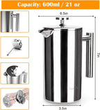 French Press, 600ml Double Insulated 304 Stainless Steel Coffee Tea Maker 4 Level Filtration System, No Coffee Grounds, Rust-Free, Dishwasher Safe for Single Use