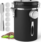 HAIOOU Airtight Coffee Canister, 22OZ Large Stainless Steel Coffee Bean Storage Container with Date Tracker, Measuring Scoop, 6Pcs CO2 Valves and Mini Tongs for Beans, Grounds, Sugar and more - Black