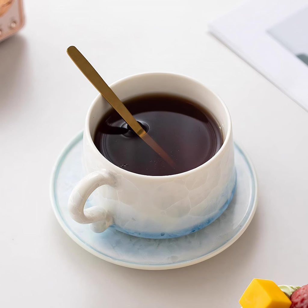 KAMMAK Tea Cups and Saucers Set of 2, Porcelain Coffee Cups, 7.5oz Crystalline Glaze Espresso Mugs, Ceramic Demitasse for Coffee, Cappuccino, Latte, Americano, Tea (Light green + Light blue)