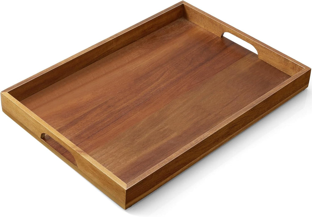 17 Inch Acacia Wood Serving Tray with Handles, Large Wooden Tray for Ottoman, Breakfast in Bed, Coffee Table, Dinner, Perfect for Living Room Bedroom Entryway and Kitchen