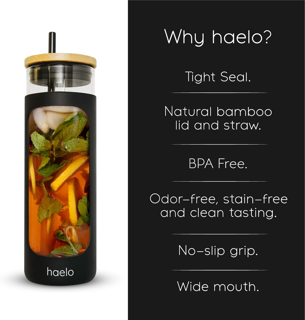 haelo 20oz Glass Tumbler Water Bottle, Iced Coffee Cup with Straw, Silicone Protective Sleeve, Bamboo Lid Reusable BPA Free (Black)