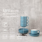 Sweejar Porcelain Espresso Cups with Saucers, 4 Ounce Stackable Cappuccino Cups with Metal Stand for Coffee Drinks, Latte, Tea - Set of 4 (Fog blue)