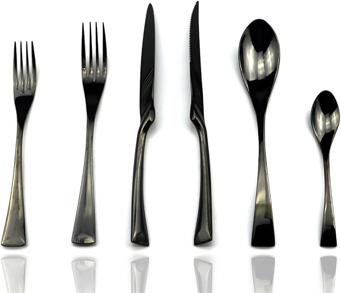 JASHII 18/10 Stainless Steel 24 Piece Mirror Polished Black Flatware Set,Dinner Knife Steak Knife Salad Fork Dessert Coffee Spoon，Service for 4 ，Black Utensil Sets