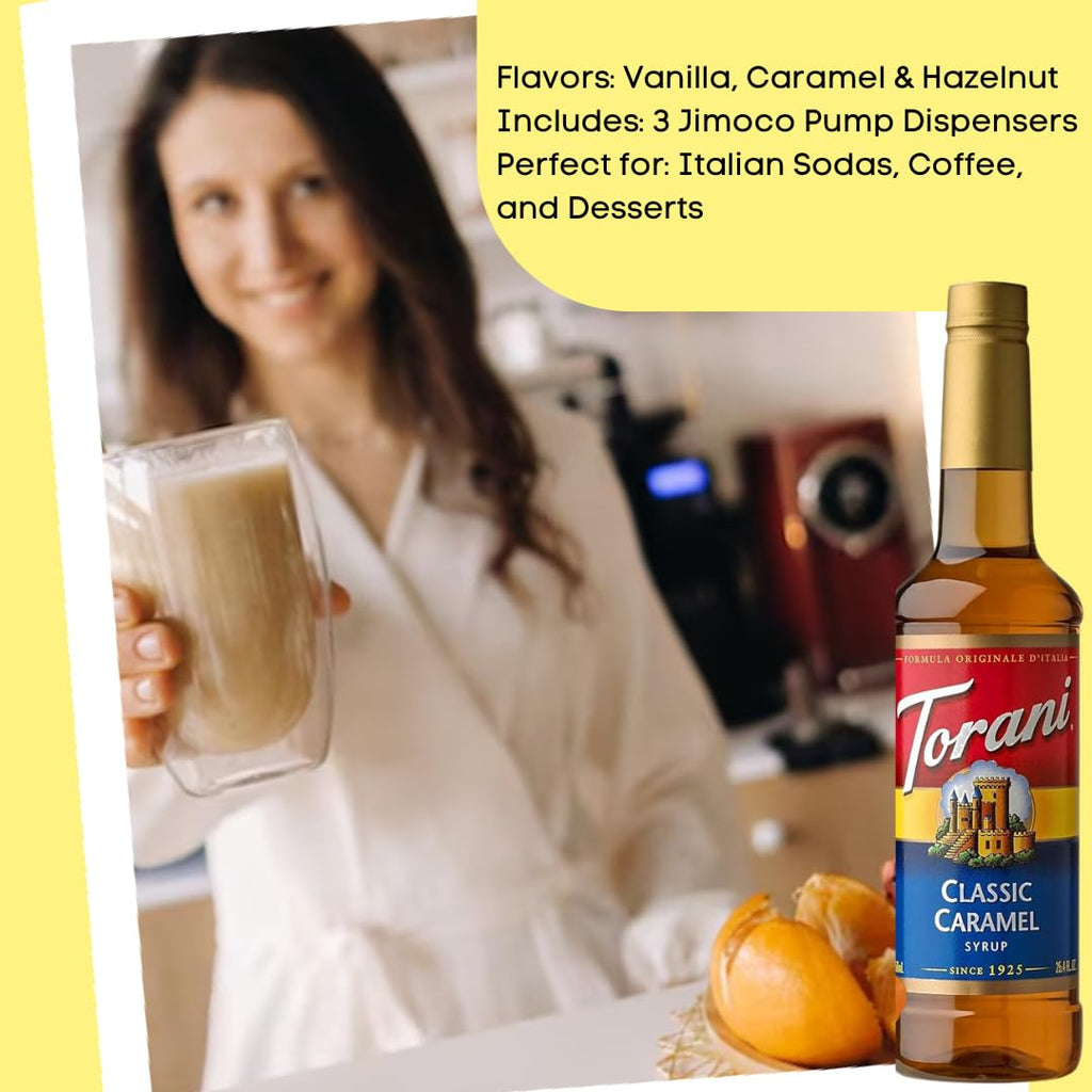 Summer Syrup Variety 3 Pack: Vanilla, Caramel & Hazelnut - Italian Soda Flavors with 3 Jimoco Pump Dispensers