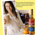 Summer Syrup Variety 3 Pack: Vanilla, Caramel & Hazelnut - Italian Soda Flavors with 3 Jimoco Pump Dispensers