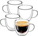 Glass Coffee Cups Set of 4, 8.5oz Double Walled Glass Mugs with Handles, Clear Insulated Coffee Mug Espresso Cups, Cappuccino Latte Tea Cups Set, Heat Resistant Borosilicate Clear Glasses