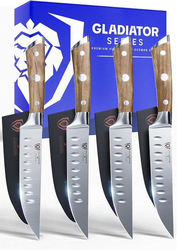 Dalstrong Steak Knife Set-4pc 5" Straight Blade Edge-Gladiator Series-Forged German High-Carbon Steel-w/Sheaths-Olive ABS Handle-Dinner Set Kitchen Knives