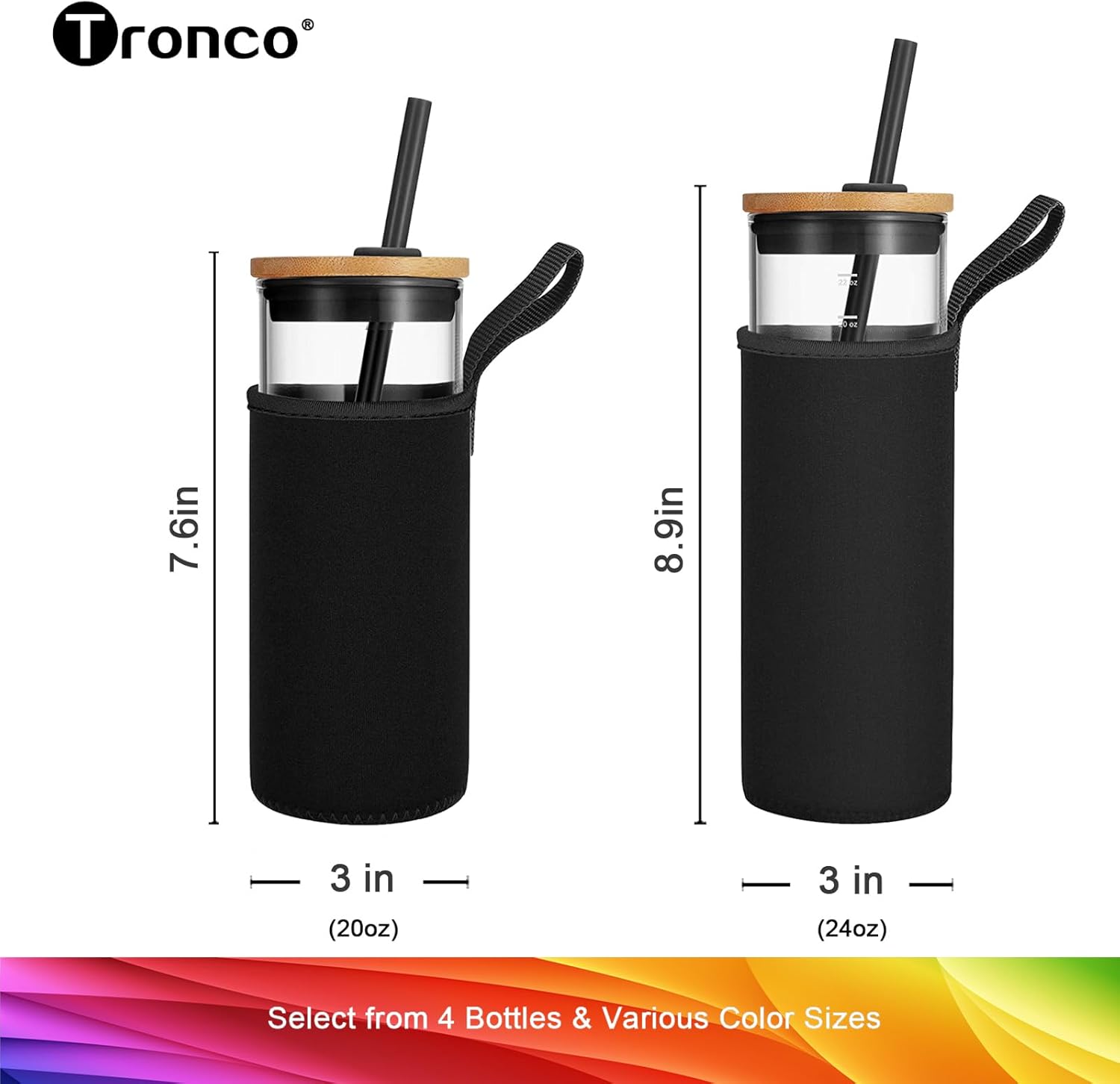 Tronco 20oz Glass Cups With Bamboo Lids and Straws,Iced Coffee Cup Reusable, Smoothie Cups,Glass Tumbler With Straw,Wide Mouth Tumbler with Nylon Protective Sleeve - BPA Free